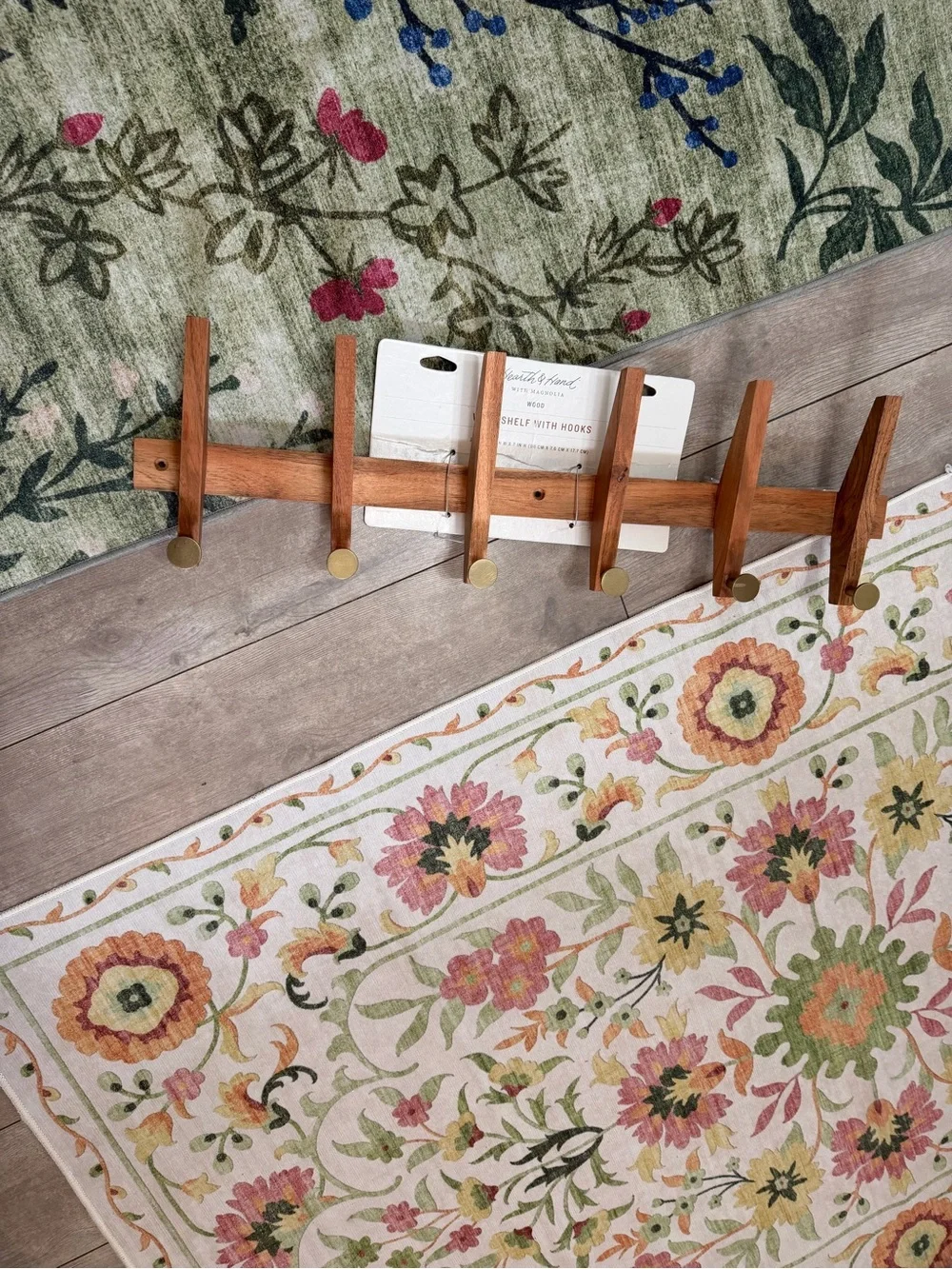 New Hearth & Hand Magnolia 26” Wood & Brass Wall Hook Rail Rack Natural Wood